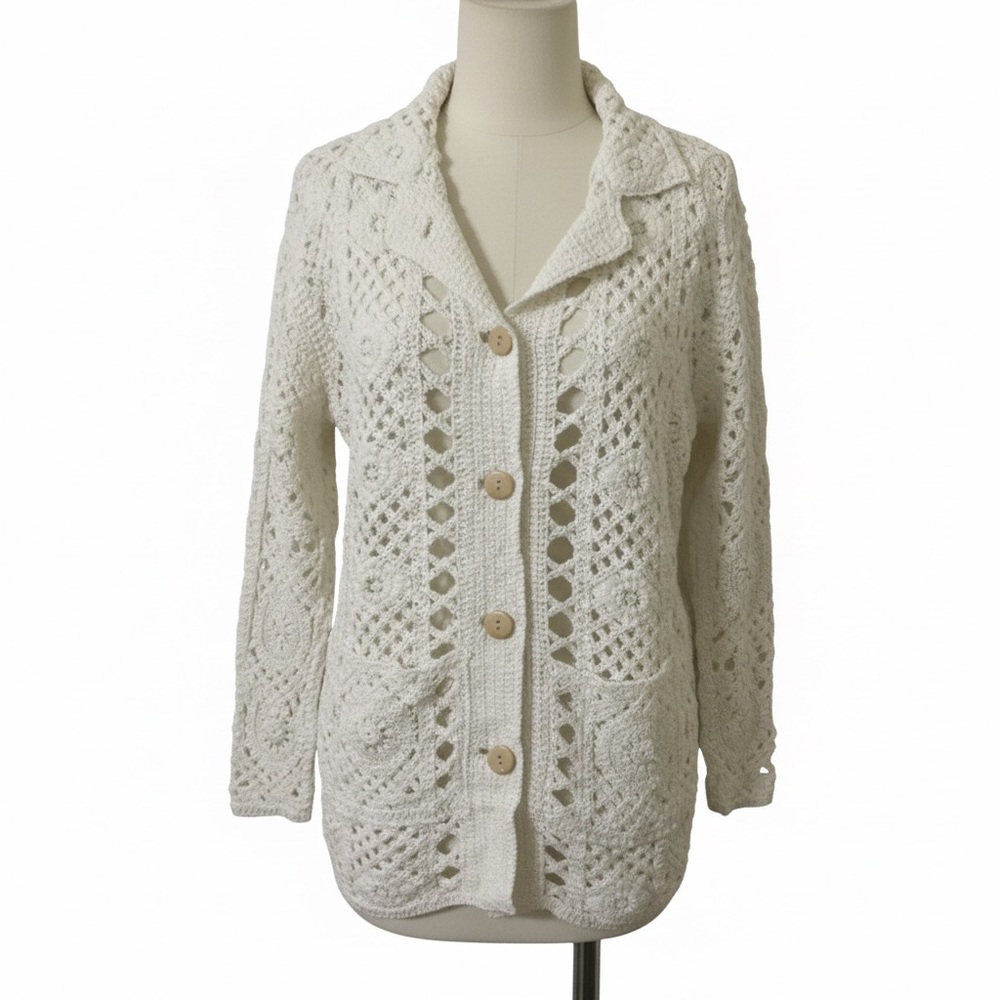 AZ Boho Crochet Knit Cardigan – Cream Ivory Open Weave – Fits Small to Large